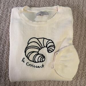 Loft Embroidered 'Le Croissant' Ivory Puff Sleeve Cotton Sweater Womens Large